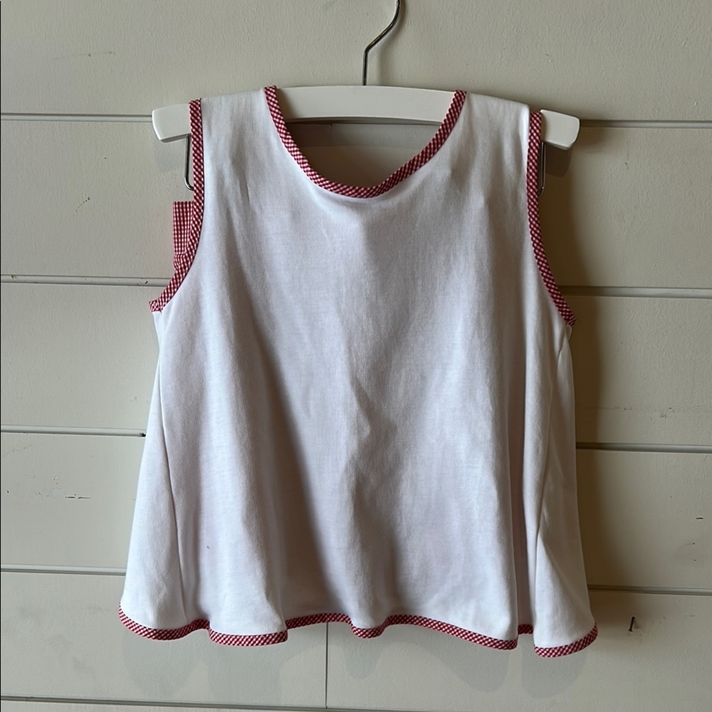 White Sleeveless Top with Red Trim and red Gingham shorts set